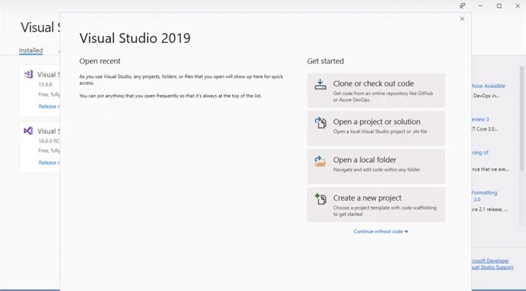 Visual Studio 2019 Start Window