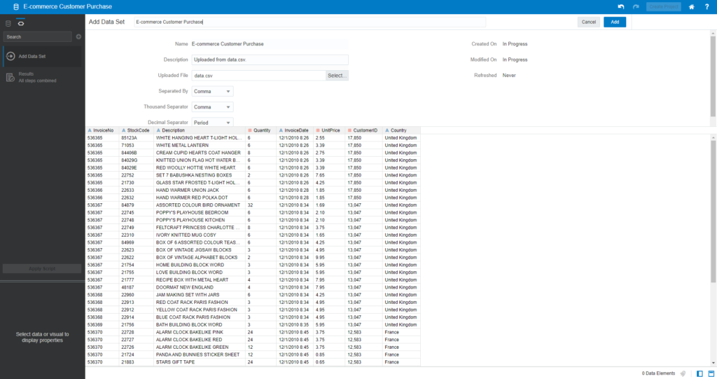 Open the Oracle Analytics Desktop and click Add to import the dataset