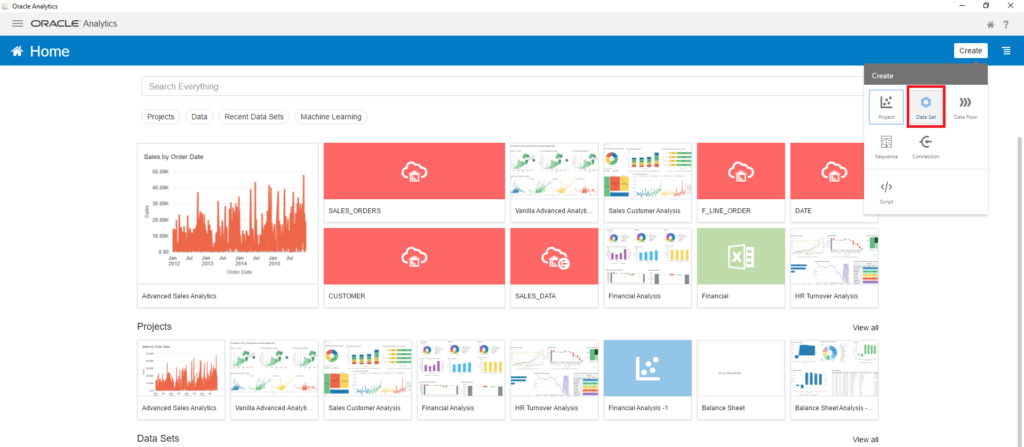 Open Oracle Analytics Desktop, navigate to the top-right corner, and click Create > Data Set