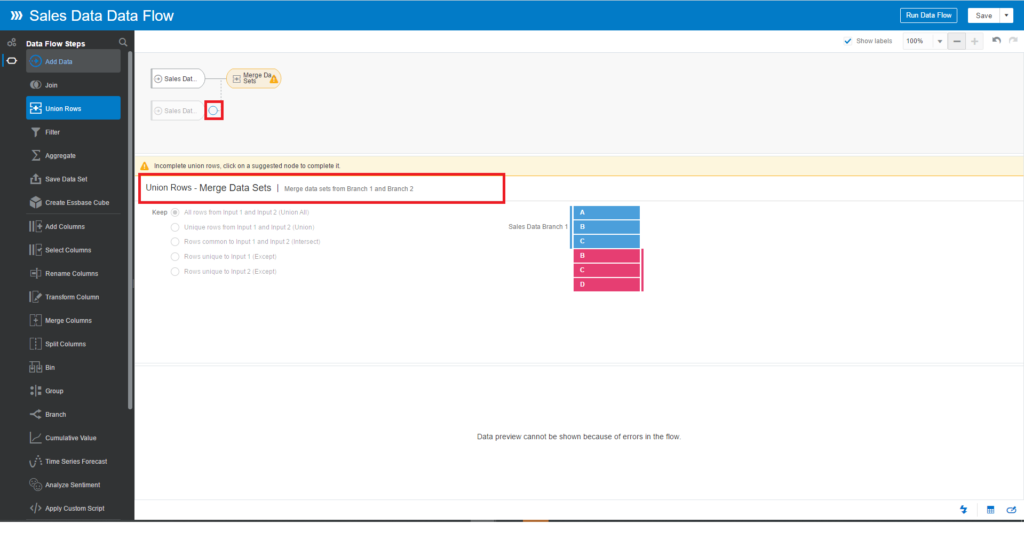 warning message: Incomplete union rows, click on a suggested node to complete it.