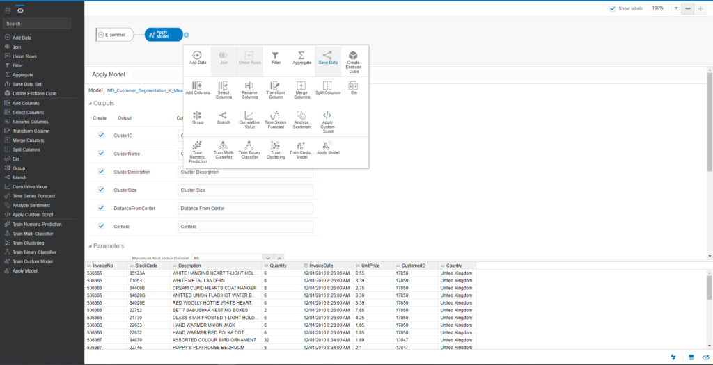 Click on the Plus icon of this dataset and choose Apply Model