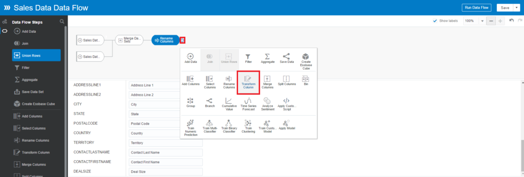 Continue clicking on the Plus icon of the Rename Columns step. Choose the Transform Column step.