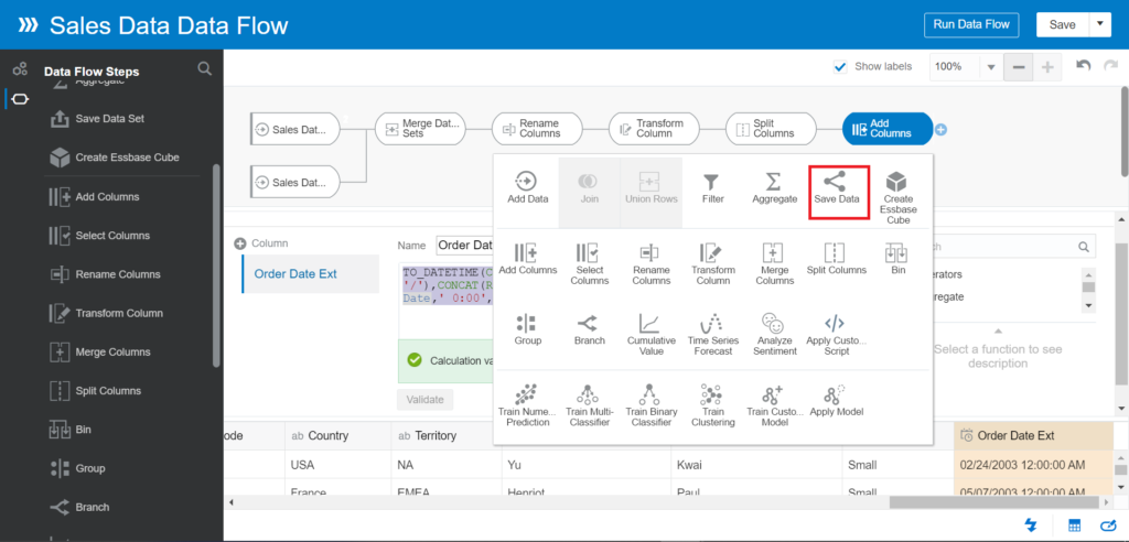 Next, you need to save the combination to the finalized dataset. Click on the Plus icon of the Add Columns step > Save Data step.