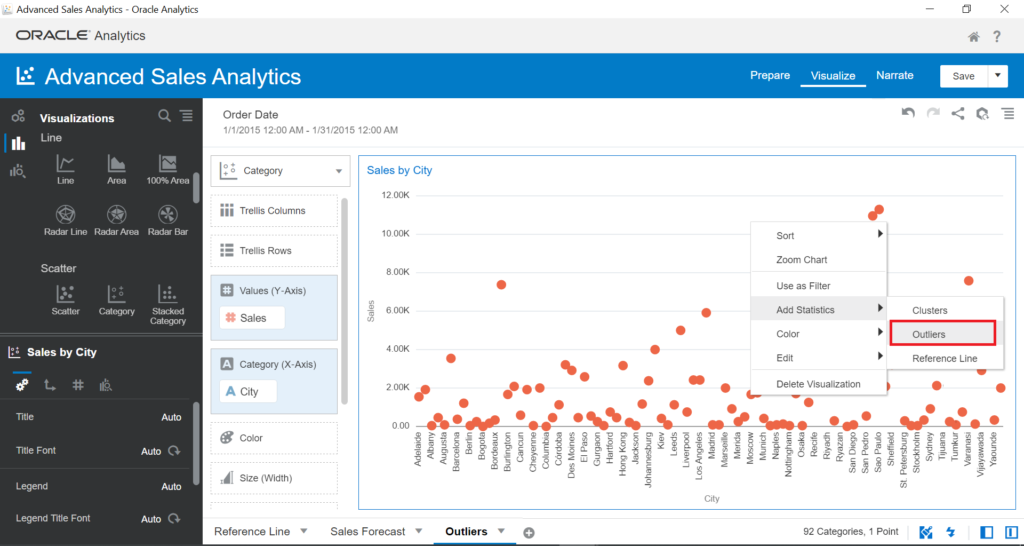 Right-click on the Visual > Add Statistics > Outliers