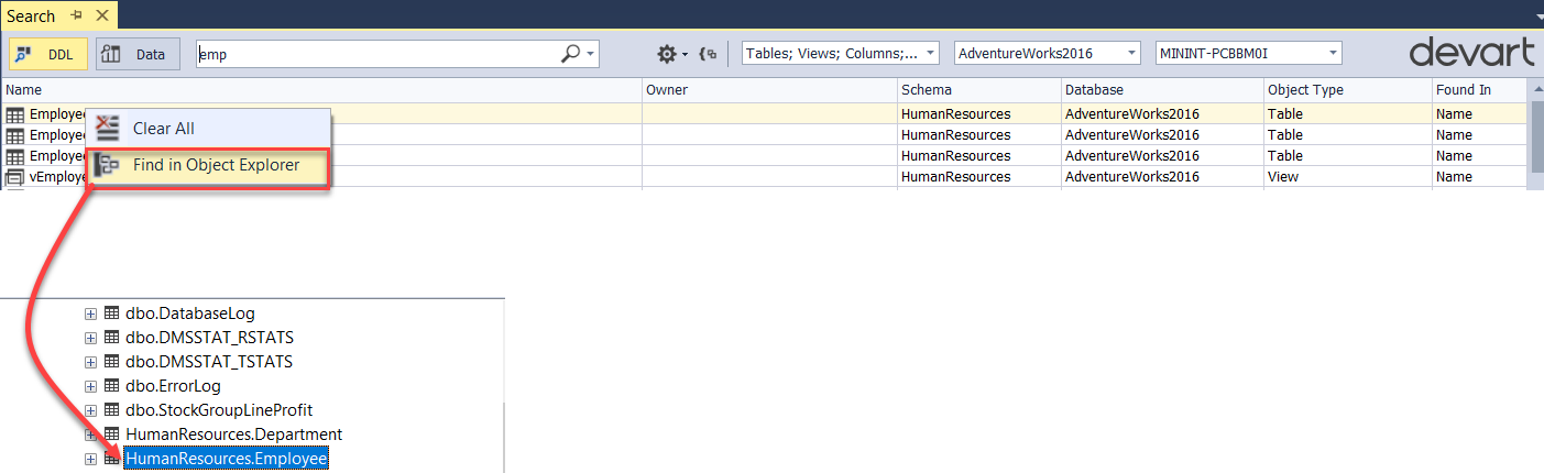 Find in Object Explorer