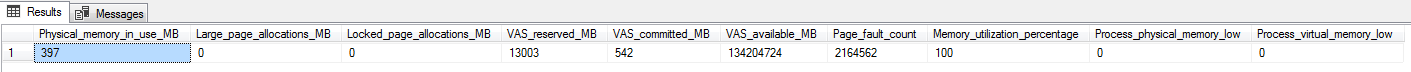 The output of the query that gives the high-level memory usage details of the SQL instance