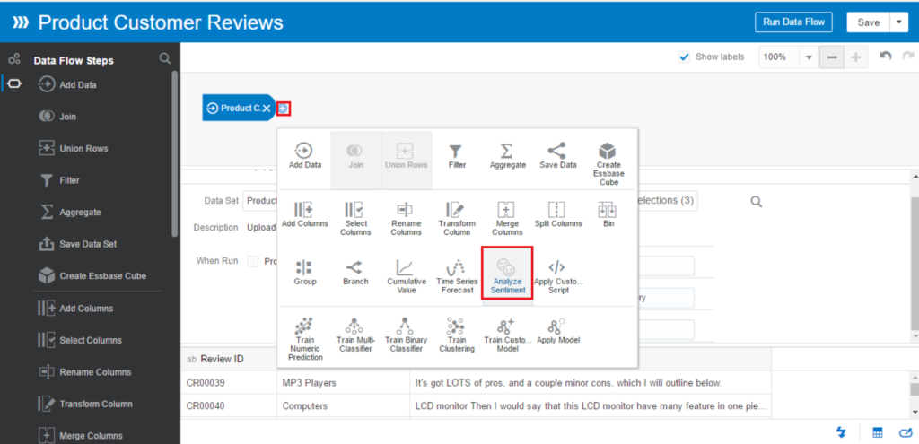 Click on the Plus icon in the dataset > Analyze Sentiment