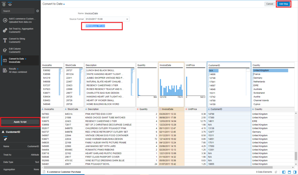 Click Add Step and Apply Script to apply changes to InvoiceDate