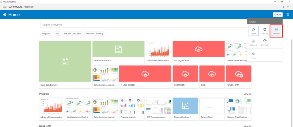 On the top-right corner, click Create > Data Flow