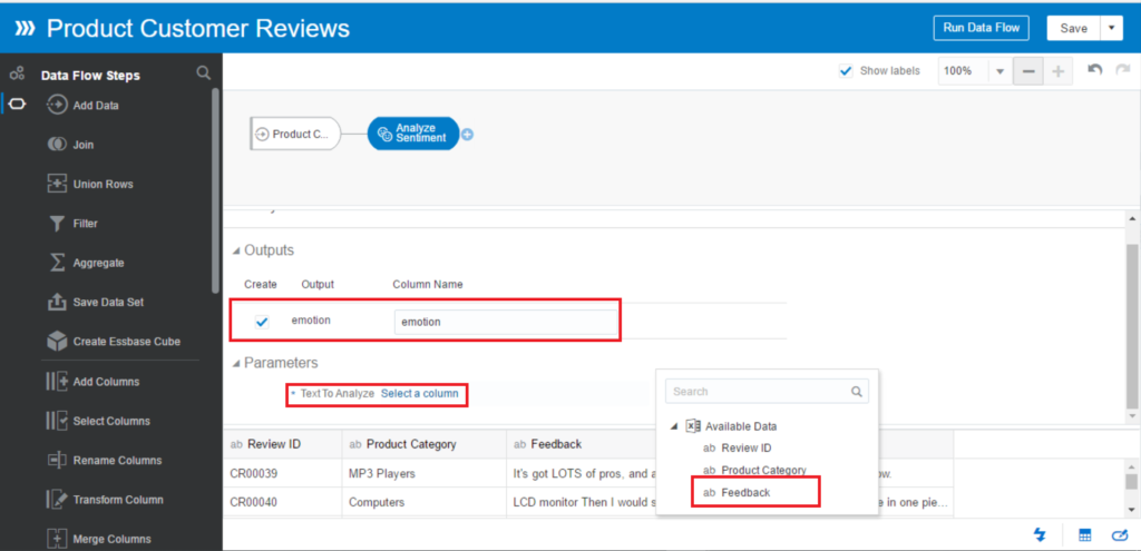 In Parameters, select the text column in your dataset. In our case, it is the Feedback column.