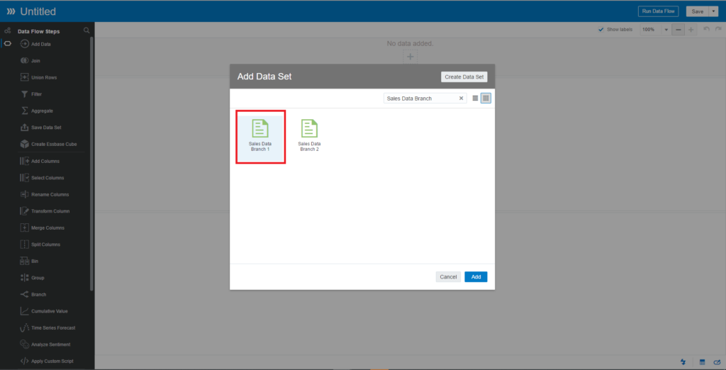 Type Sales Data Branch in the search field and choose Sales Data Branch 1