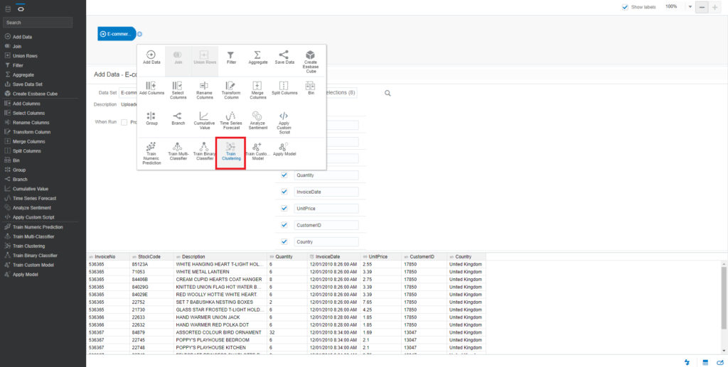 Click on the Plus icon on the added dataset and choose Train Clustering