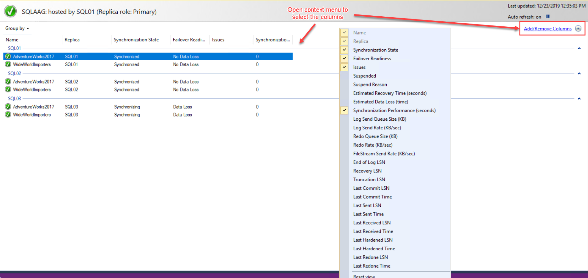 Availability Database Information