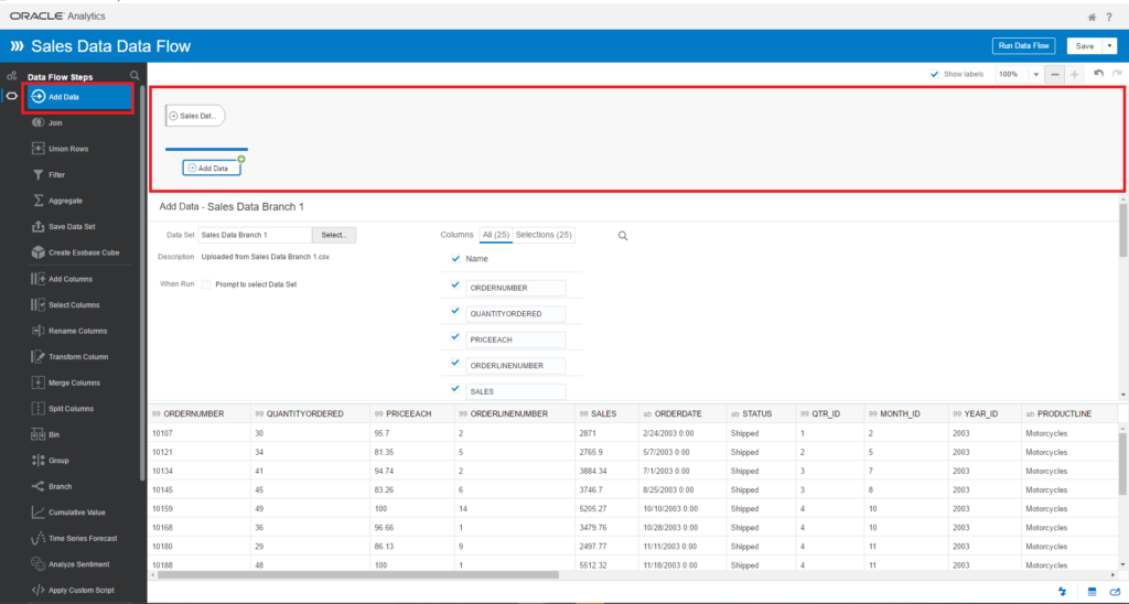 On the Data Flow Steps panel, drag and drop the Add Data component to the designer area.