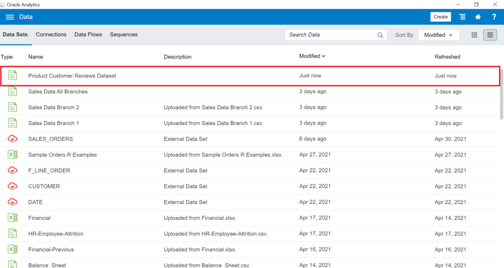 go back to the Home page of the Oracle Analytics Desktop and navigate to the Data menu