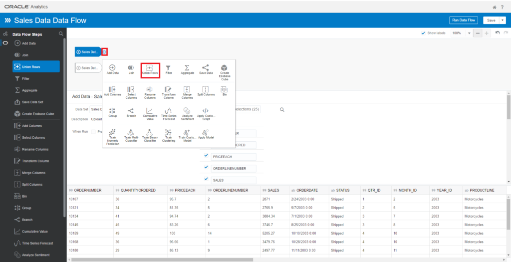 In the Add Data Set window, choose the Sales Data Branch 2 dataset. Click on the Plus icon of the Sales Data Branch 1, and choose the Union Rows step.