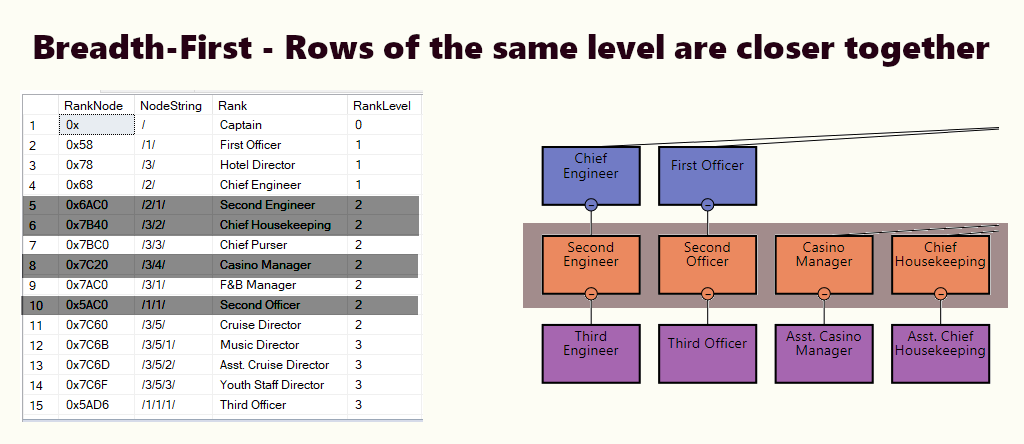 CodingSight - Breadth-first indexing strategy. A portion of the second rank level is highlighted in the org. chart and the result set. The list is sorted based on the scale. 