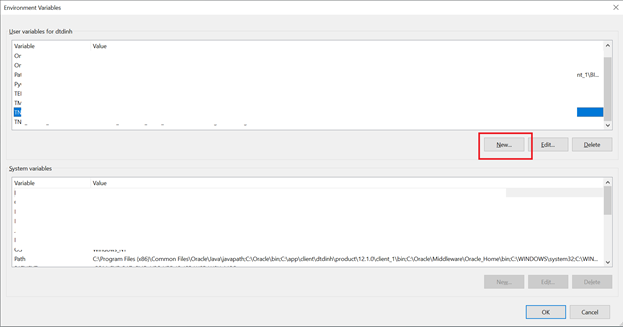 The Environment Variables window appears immediately. Click New to create the TNS_ADMIN variable if it does not exist