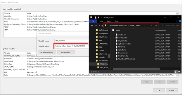 Enter the variable name: TNS_ADMIN. Enter the variable value: absolute the path to the secured folder where unzipped wallet file is stored. Click OK