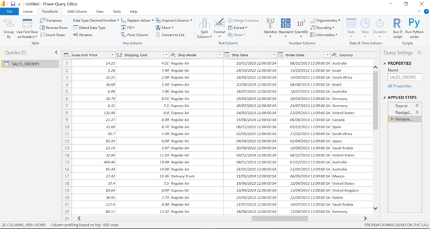 Click Transform Data. Here, you do the transformation in the dataset imported, such as renaming, changing data type, etc.