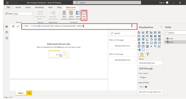 This expression creates the Calendar time based on the Order Date column of the Sales dataset. Click Enter