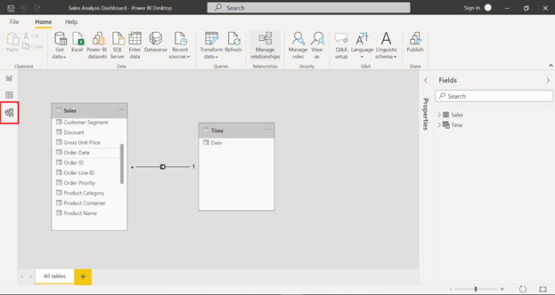 Click on the Model tab > Drag the Order Date of Sales to the Date of Time dataset to create a relationship