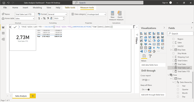 Right-click on the Sales dataset > New measure. We’ll use the CALCULATE and SAMPERIODLASTYEAR DAX functions and the Time dataset to calculate Total Sales from January to the current period