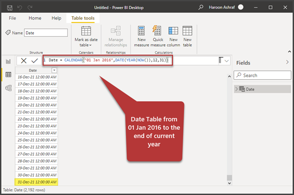 Date Table from 01 Jan 2016 to the end of current year