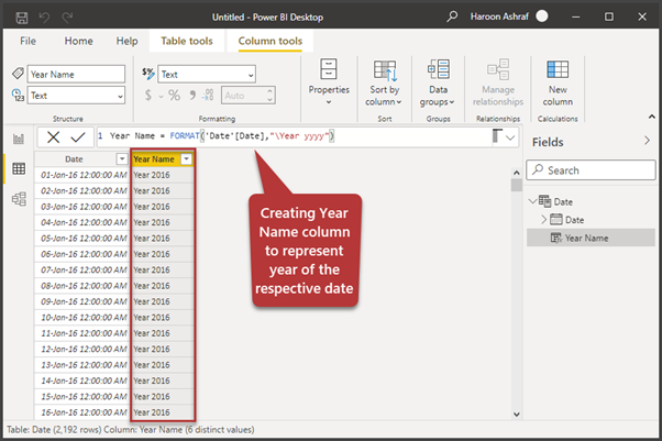 Creating Year Name column to represent year of the respective date 