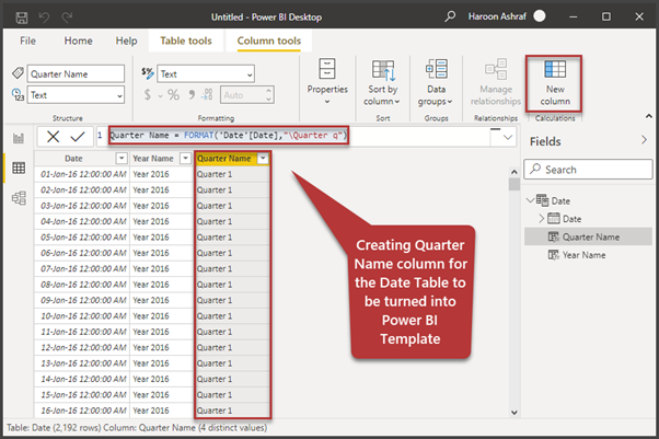 Creating Quarter Name column for the Date Table to be turned into Power BI Template