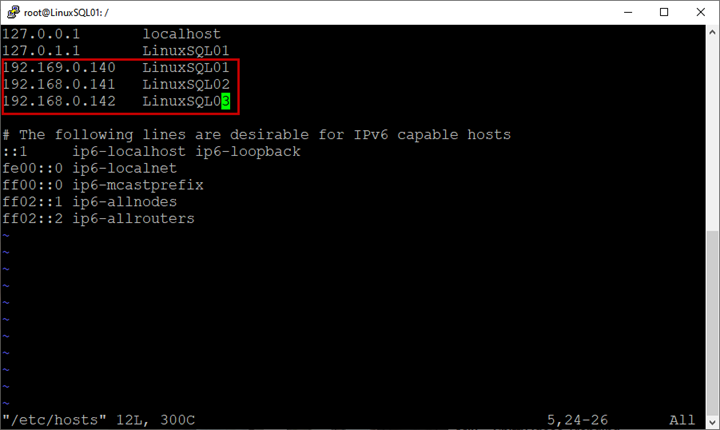 In the host file, enter the hostnames and IP addresses of all virtual machines