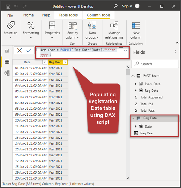 Populating registration date table using DAX script