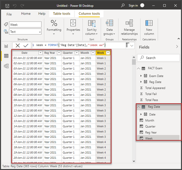 Required fields for date table