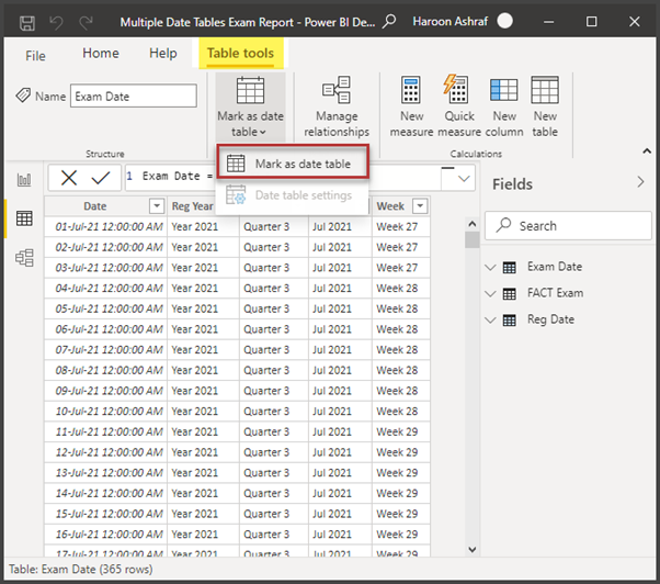 Mark Exam Date as Date Table