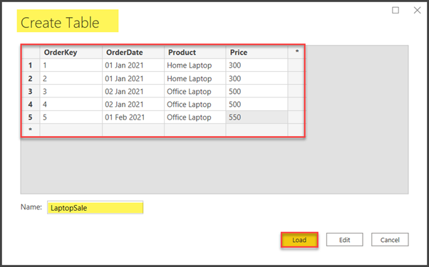 Click Load to put the entered data into the table