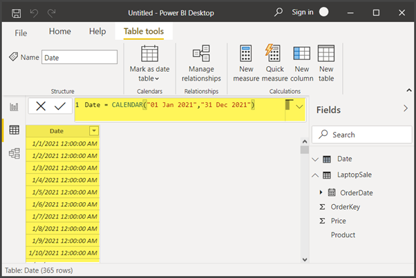 Create a column of dates for the year 2021 using the CALENDAR function.