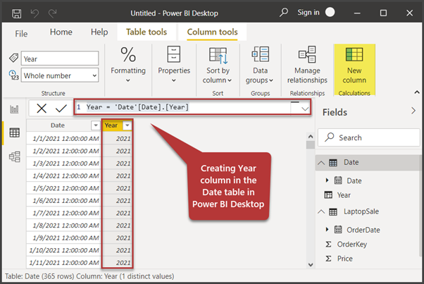 Click New Column in the toolbar and create the Year column as follows