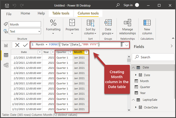 Create another new column called Month as follows