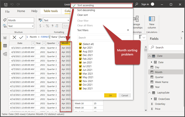 Sort the Month column in ascending order