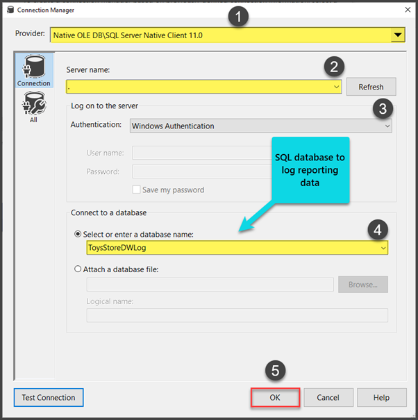 Create another connection pointing to the log database (ToysStoreDWLog)