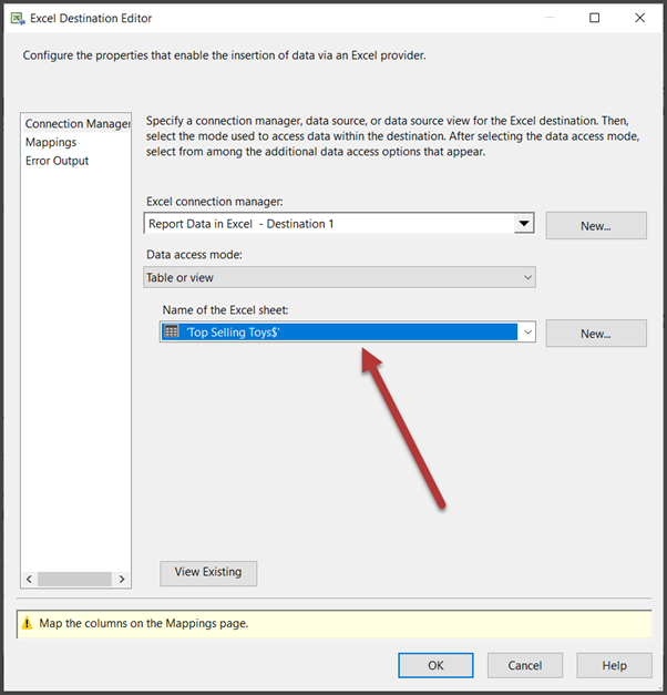 Double-click Excel Destination and point to the desired Excel sheet