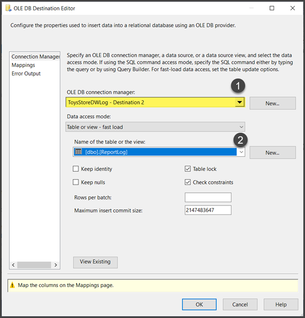 double-click the OLE DB Destination component