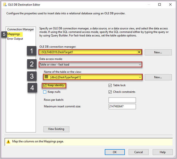 Configure OLE DB Destination to point to the table in the target database 1 which is currently empty. Apply the following settings