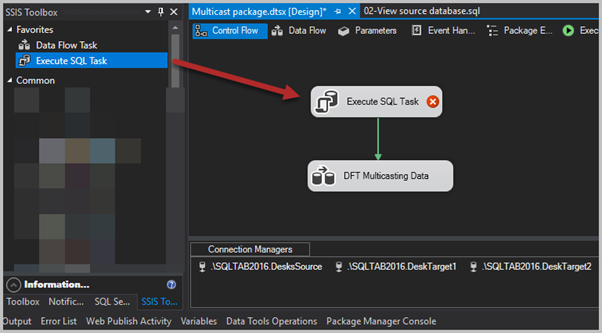 Switch to Control Flow and add an Execute SQL Task from SSIS Toolbox as follows