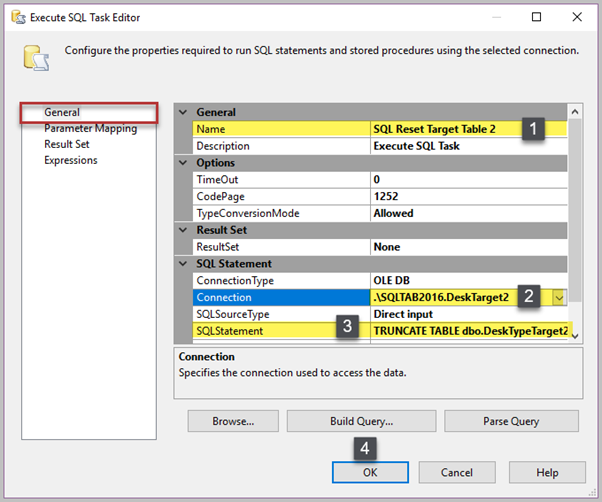 Next, add another SQL Task to reset the target table 2 as follows