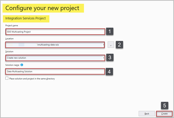 In Visual Studio, we create a new Integration Services Project called SSIS Multicasting Project under the new Data Multicasting Solution name