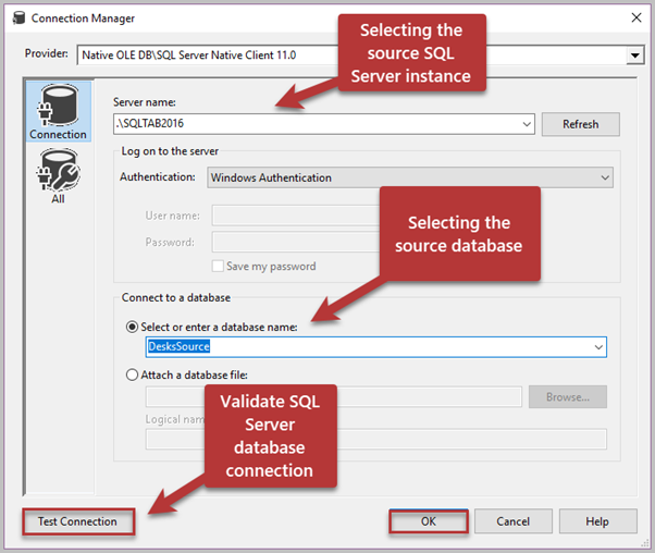 Click New > Server name (select the server where your source database is located along with selecting the source database)