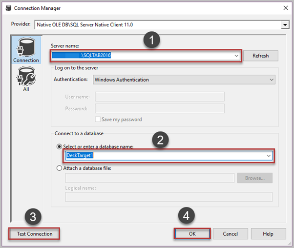 First, create a connection for the Target1 database. Then create a connection for DeskTarget2