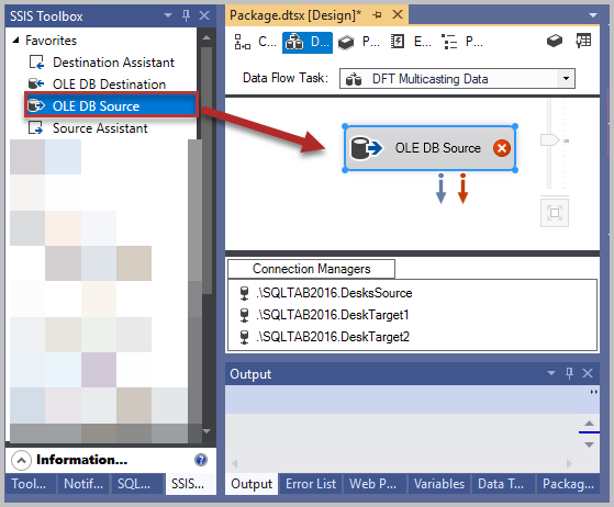 Now bring the OLE DB Source component from SSIS Toolbox to the Data Flow Task designer surface