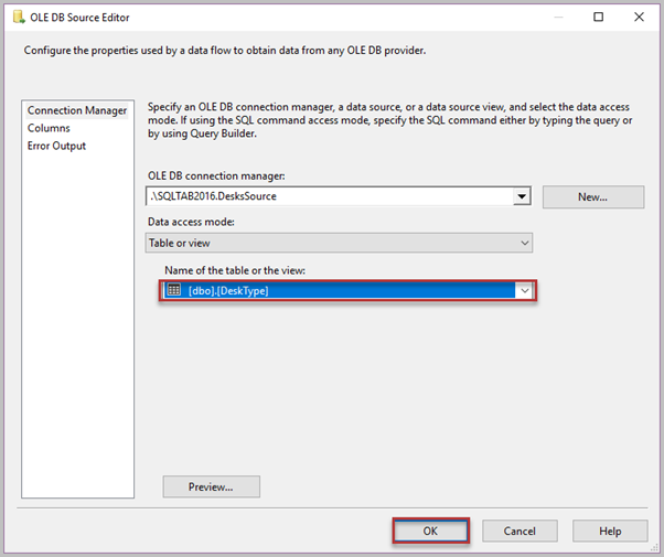 Configure the source component by double-clicking it – select the DeskType source table once you’ve selected the source connection from the Connection Manager